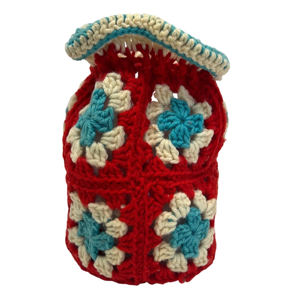 VTG‎ Handmade Crochet Granny Square Pouch Bag Drawstring Boho Hippie 8.5x5"